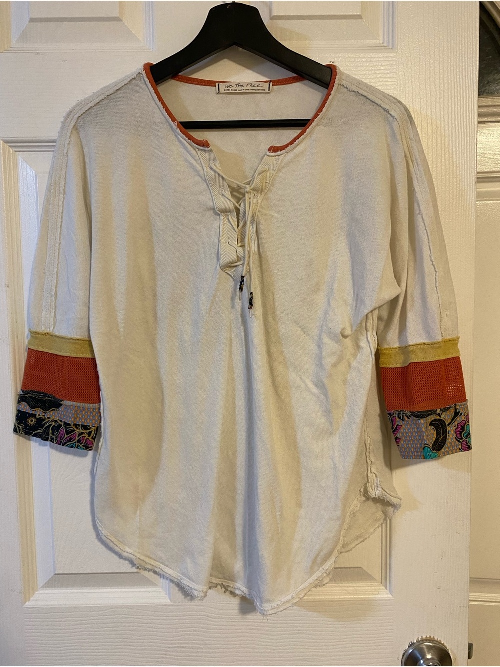 We The Free Cream Lace-Up Pullover Top with Orange and Yellow Cuff Accents